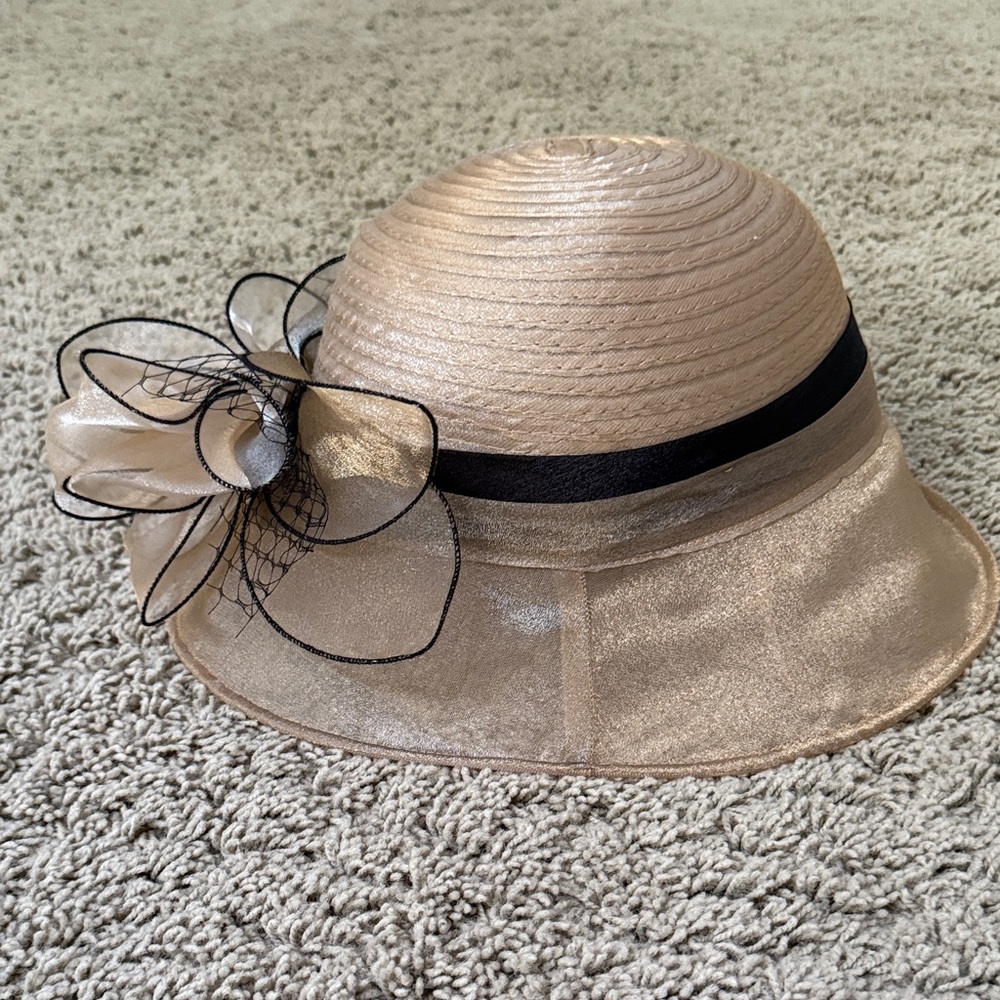 Tan /Gold Shimmer Women's Hat with Black Ribbon